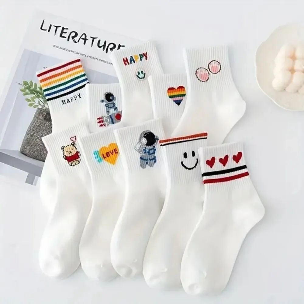 10 Pairs of Whimsical Cartoon Print Socks Soft Breathable and Comfy Womens New